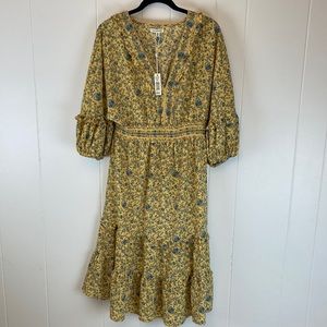 Max Studio Bell 3/4 sleeve empire waist Womens floral dress. Blue and yellow. XL